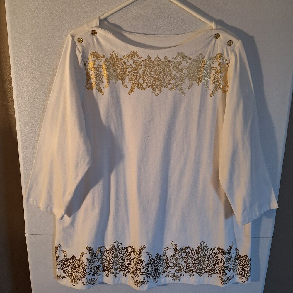 Jessica London WomensTunic Top White and Gold SZ 18/20 Side Slits